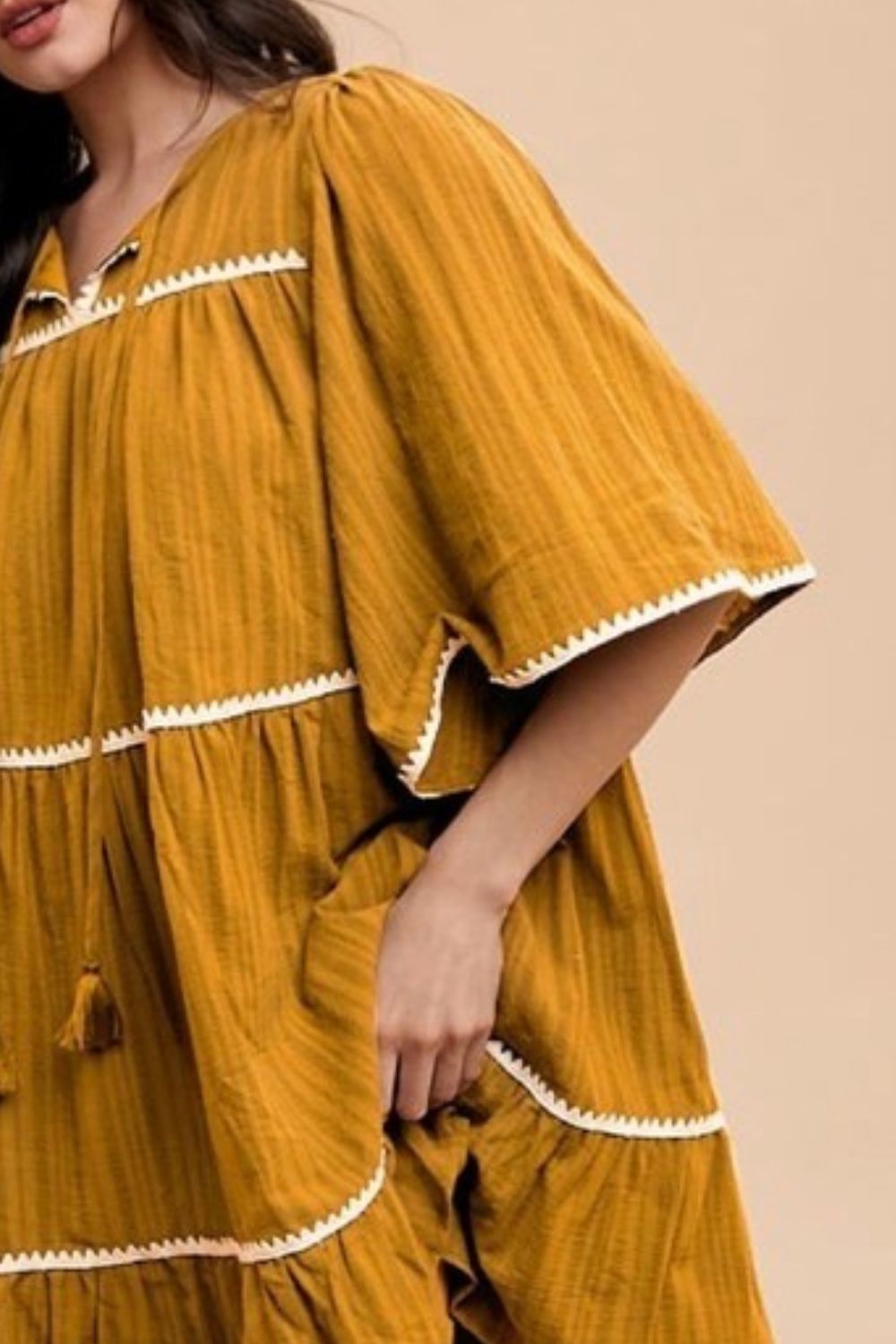Annie Wear Tassel Contrast Trim Tie Neck Half Sleeve Tiered Dress 1338131c-1803-46d3-8c81-2a306c3c54ae-Max Trendsi