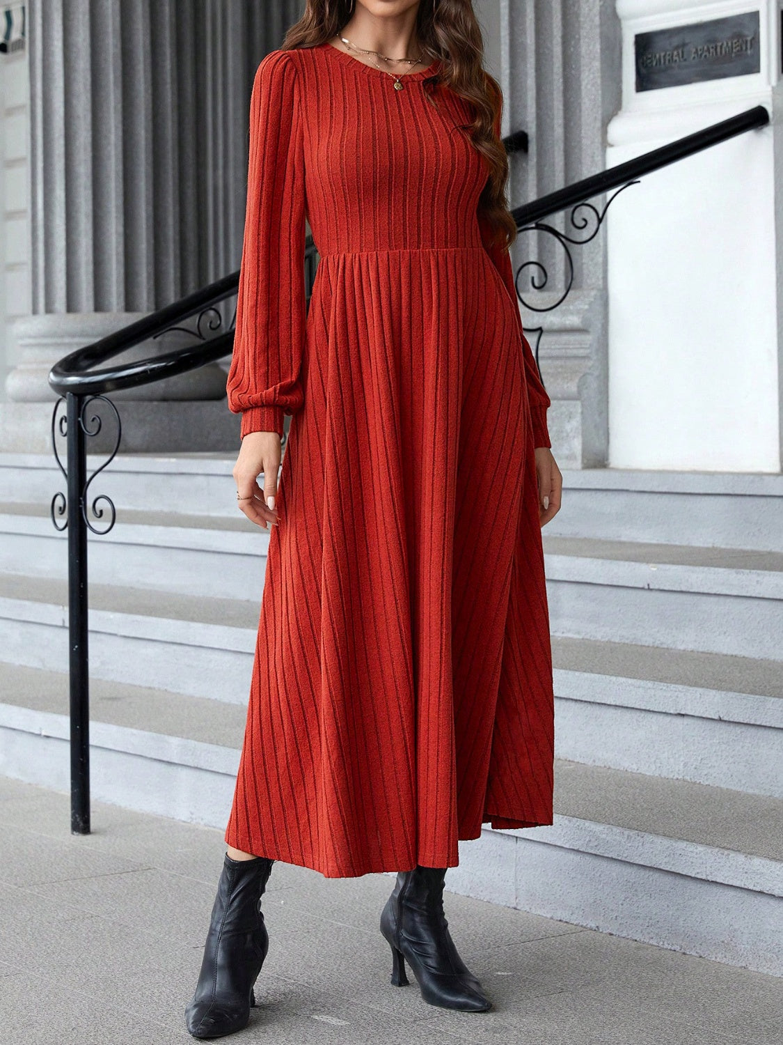 Ribbed Round Neck Long Sleeve Dress 13412c36-5ff5-4b91-a1fe-75f60bd1cac1-Max Glownestbest