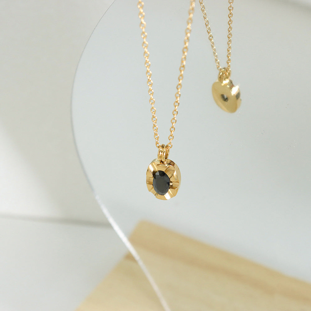 18K Gold Simple Atmospheric Oval Inlaid Zircon Carving Design Versatile Pendant Necklace 13483ab3-22fa-45a1-83ac-c235900acb99 Artshiney