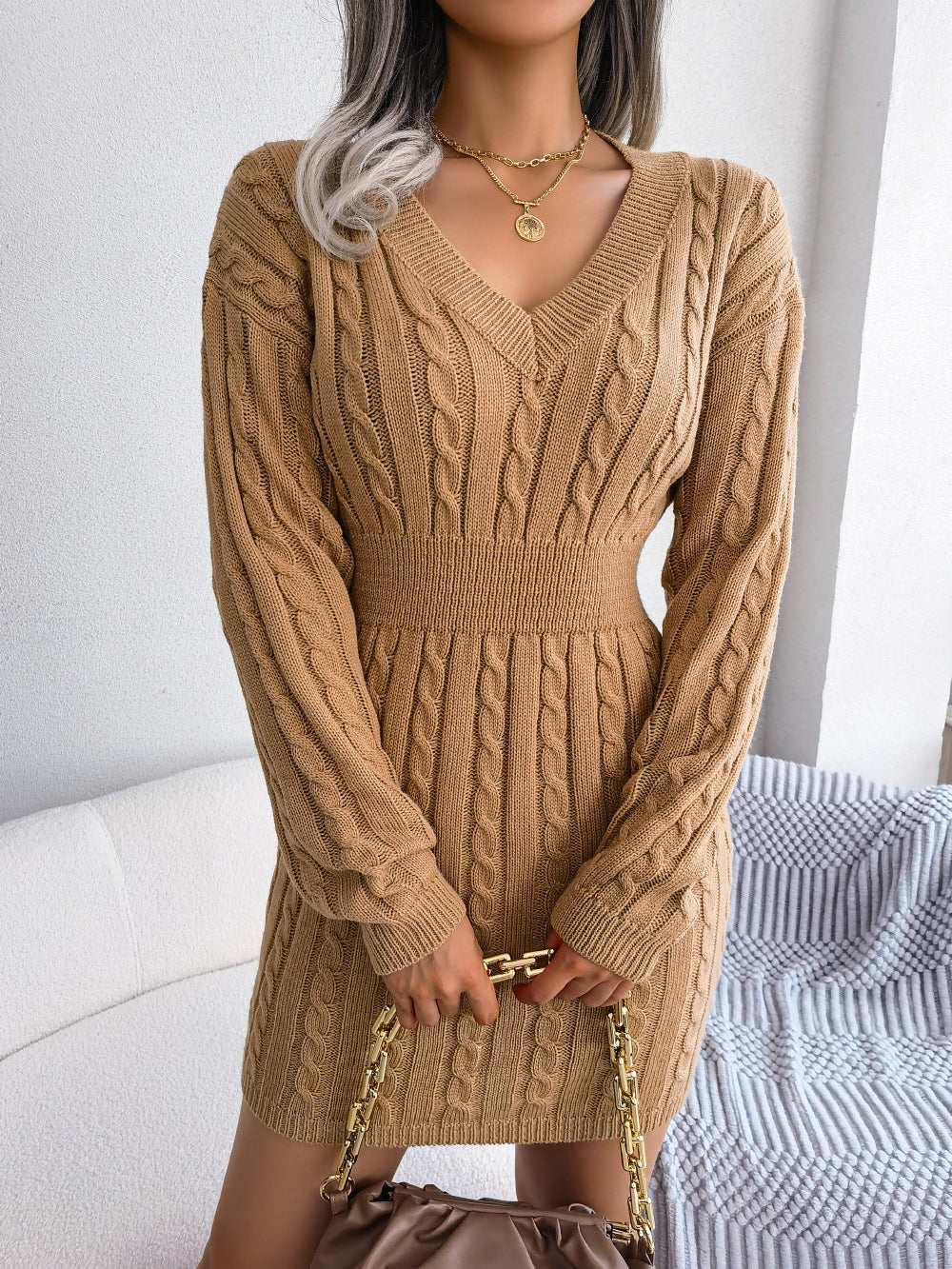 Cable-Knit V-Neck Mini Sweater Dress 135512fdd4ad4fdcaa7df4d3f57c9743-Max Glownestbest