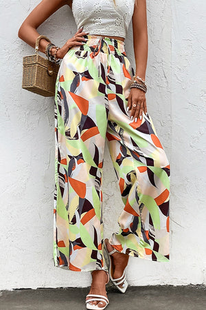 Shiny Printed Smocked Waist Wide Leg Pants Multicolor 13681e410bbb4fada3257cfa82972f3d-Max Trendsi