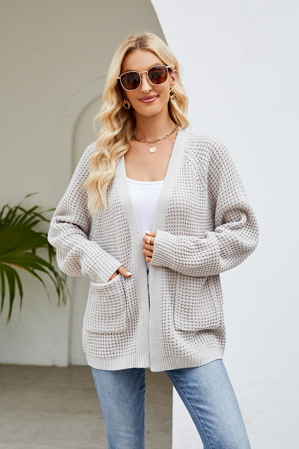 Open Front Long Sleeve Cardigan with Pockets Light Gray 1368f977273f4300a3397d7f687fbcc4-Max Glownestbest