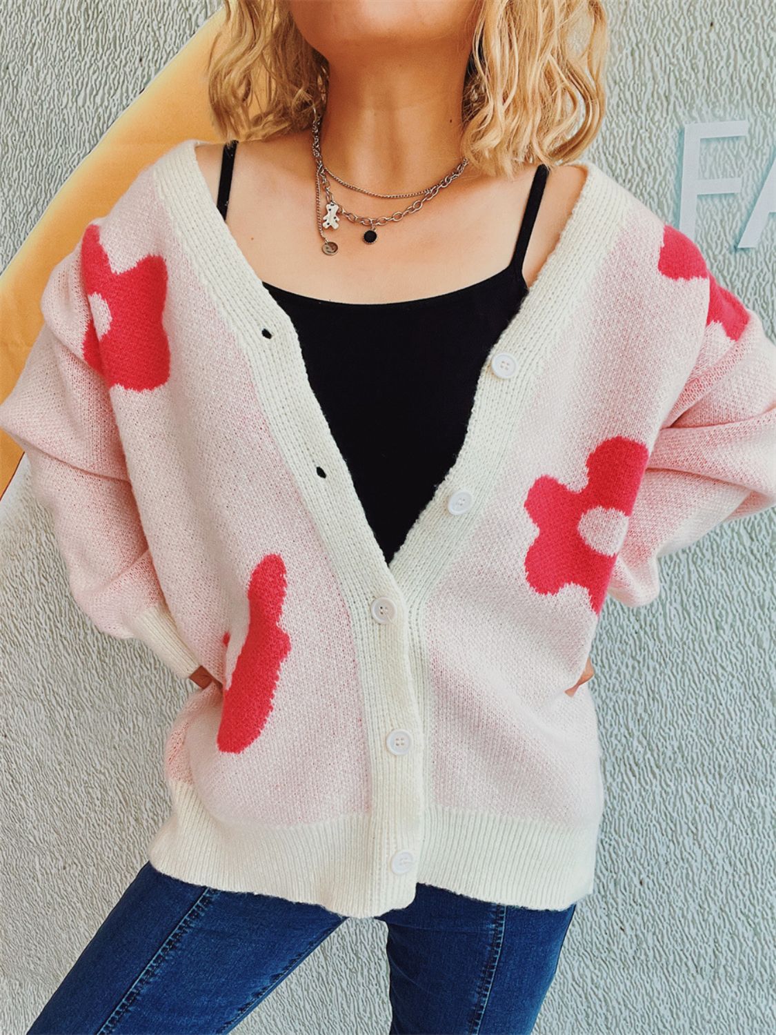 Flower Button Down V-Neck Long Sleeve Cardigan 13caf566-1456-4c8e-b271-208539a0e7a5-Max Glownestbest