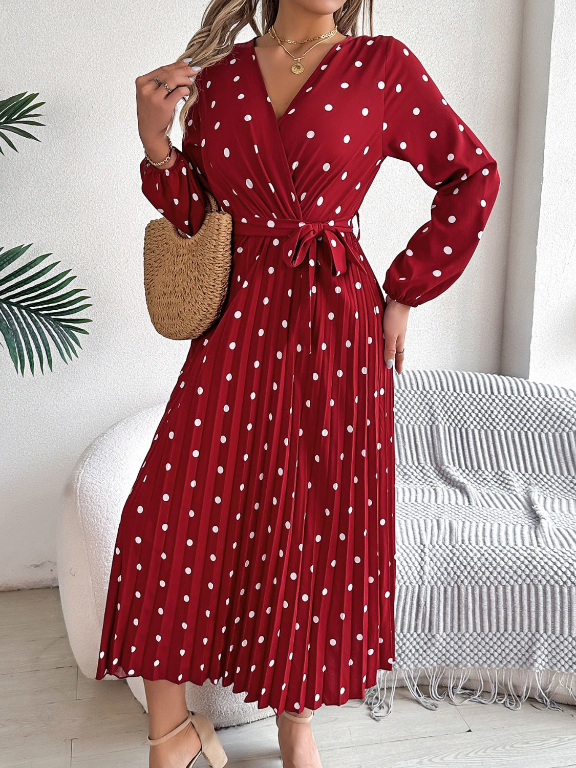 Tied Polka Dot Long Sleeve Midi Dress Burgundy 13f0e450-956a-48e5-b2c2-2c22d43411c5-Max Glownestbest