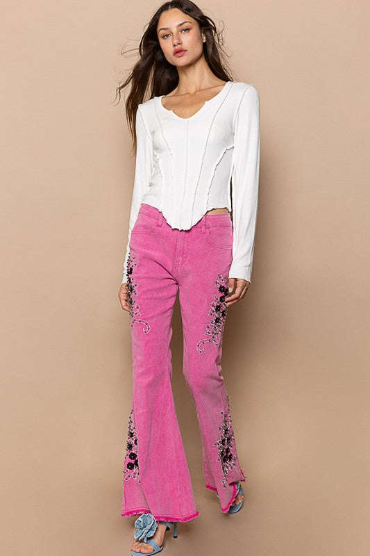 POL Raw Hem Embroidered Flare Pants 13f277f6-c90f-4739-a322-b8a087946c44-Max Trendsi