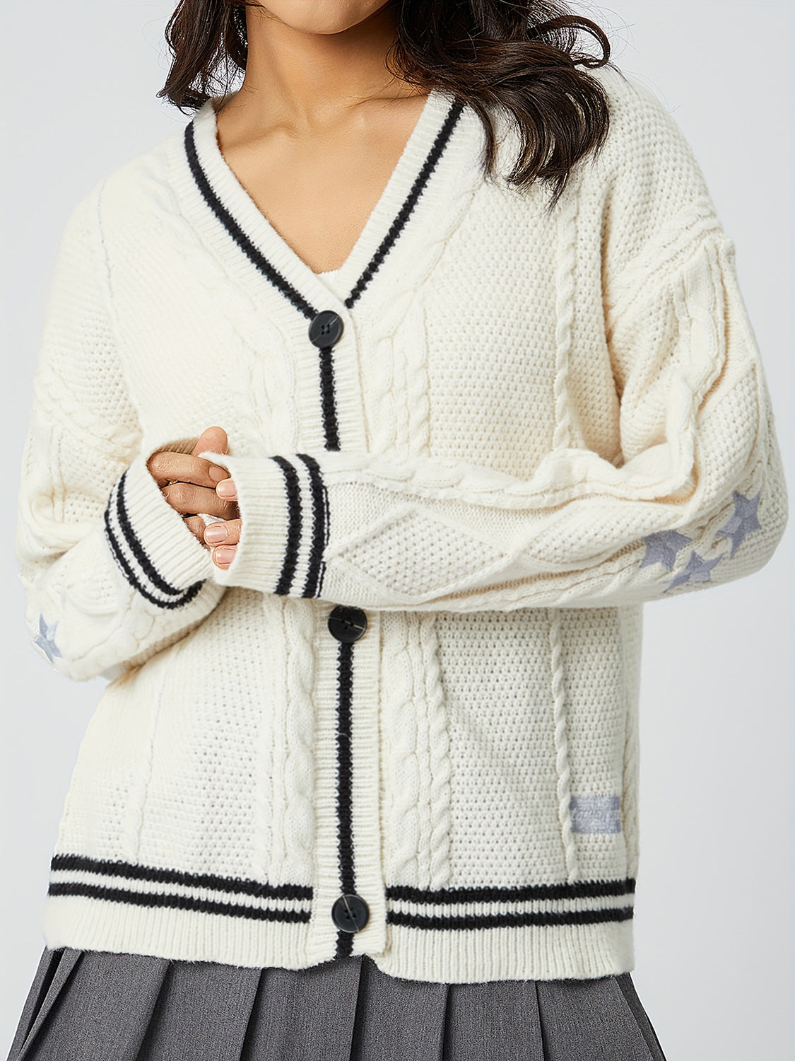 Star Embroidered V-Neck Long Sleeve Cardigan White One Size 14a419ac-9162-491f-bc46-dd426d0ad7e6-Max Glownestbest