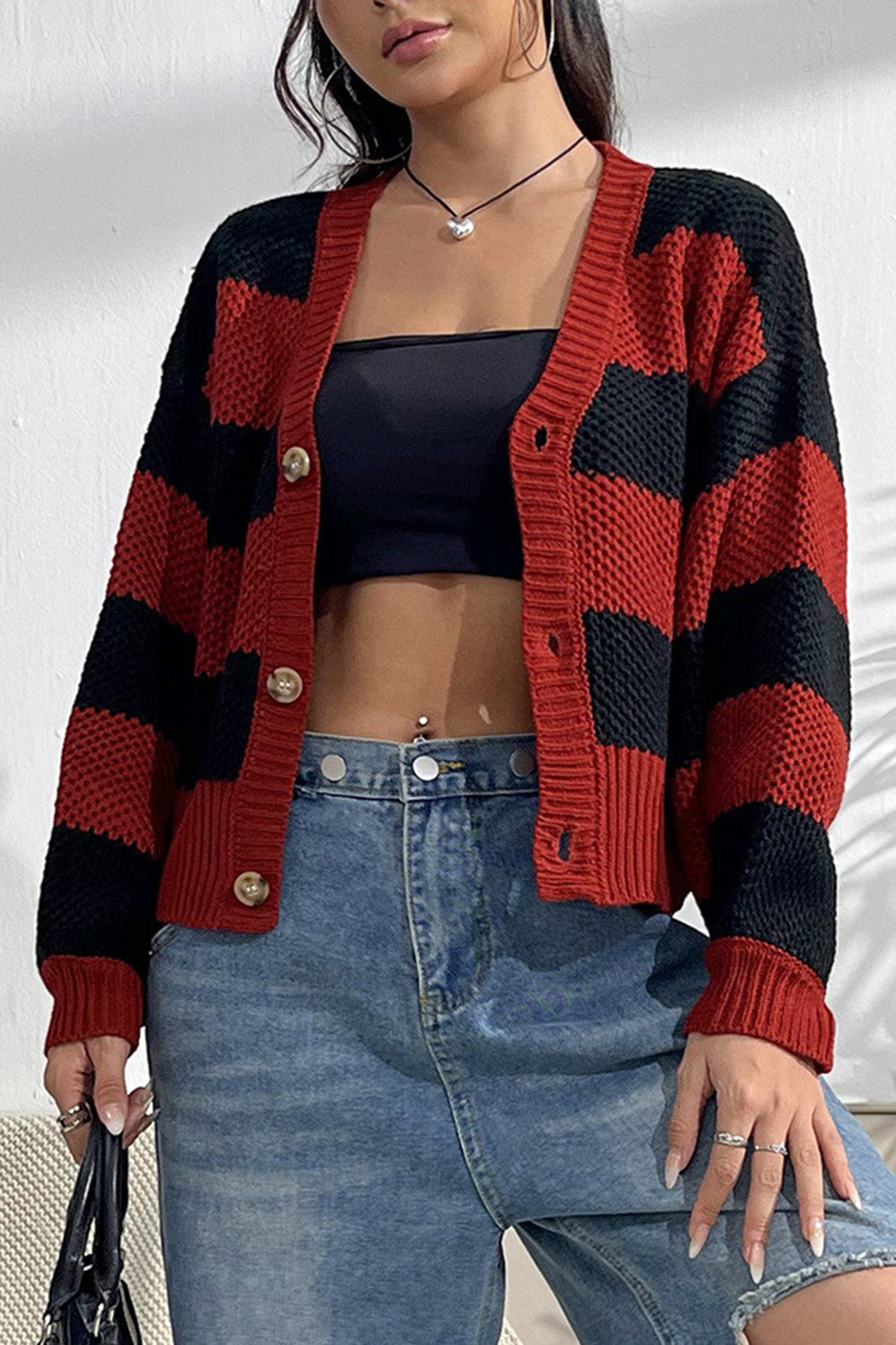 Striped Button Up Dropped Shoulder Cardigan Deep Red 153e6e82-f22e-4a59-bcd5-1a297aa417e0-Max Glownestbest
