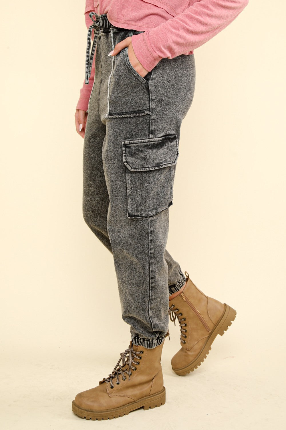 VERY J Washed Drawstring Jogger Cargo Jeans 15483dac-cb12-4476-9463-a2121f7863ba-Max Trendsi