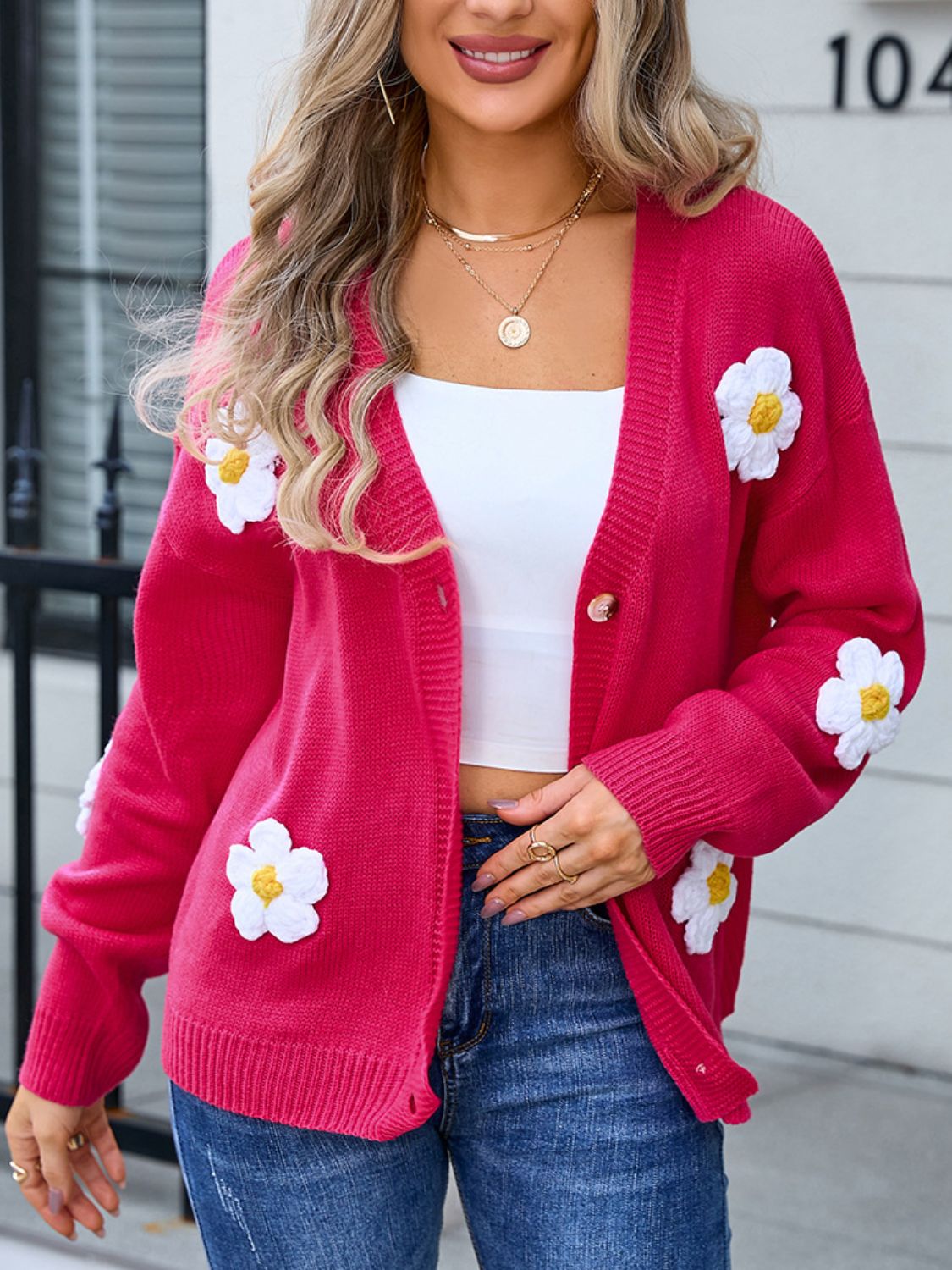 Glownestbest® | Crochet Flower Button Up Cardigan Deep Rose 15805c75-6048-4124-b87a-d4c77a23dccd-Max Glownestbest