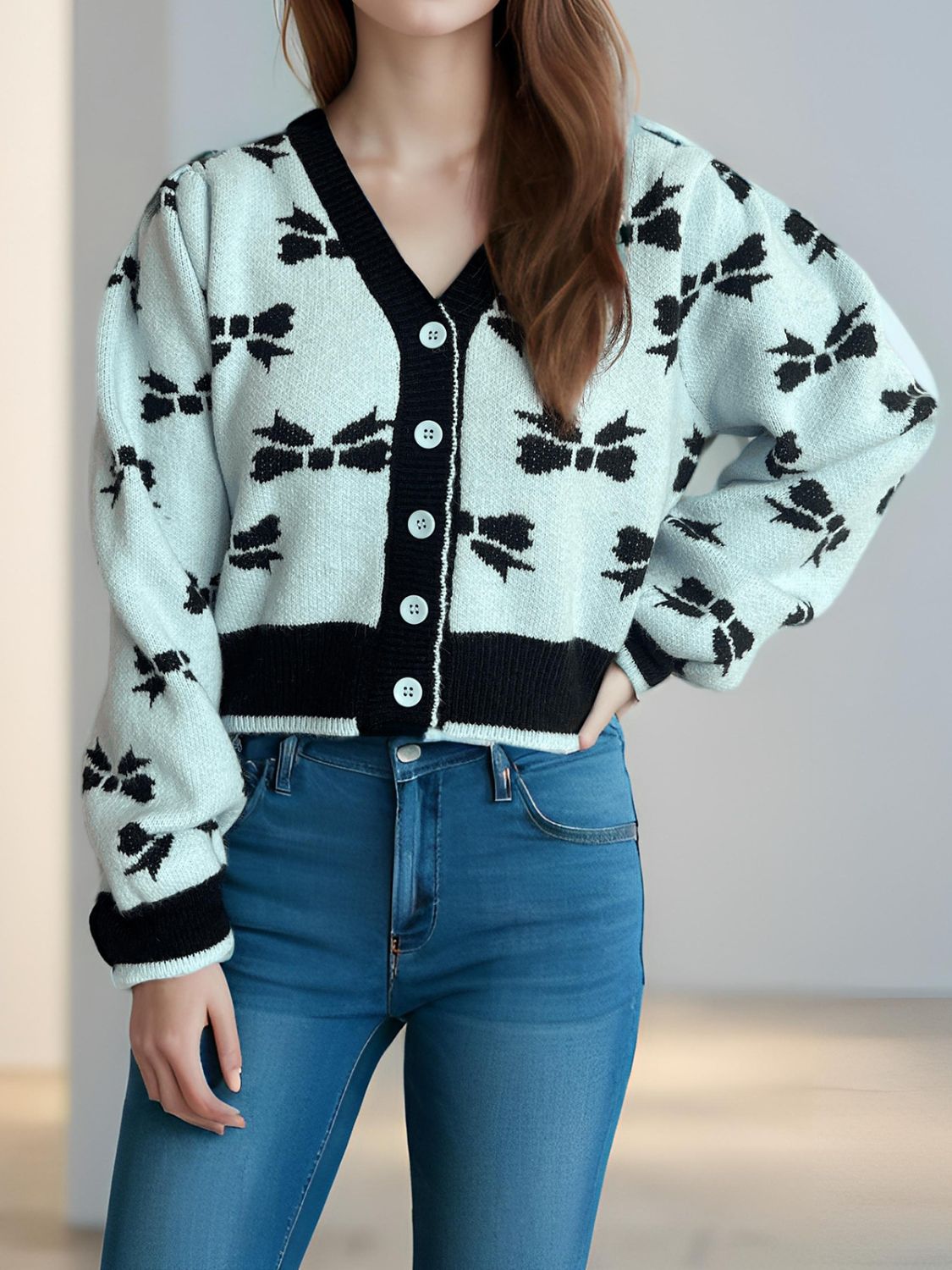 Bow V-Neck Button Down Long Sleeve Cardigan Pastel Blue One Size 15d2e425-4532-4bc8-84a9-a62b4afe8feb-Max Glownestbest