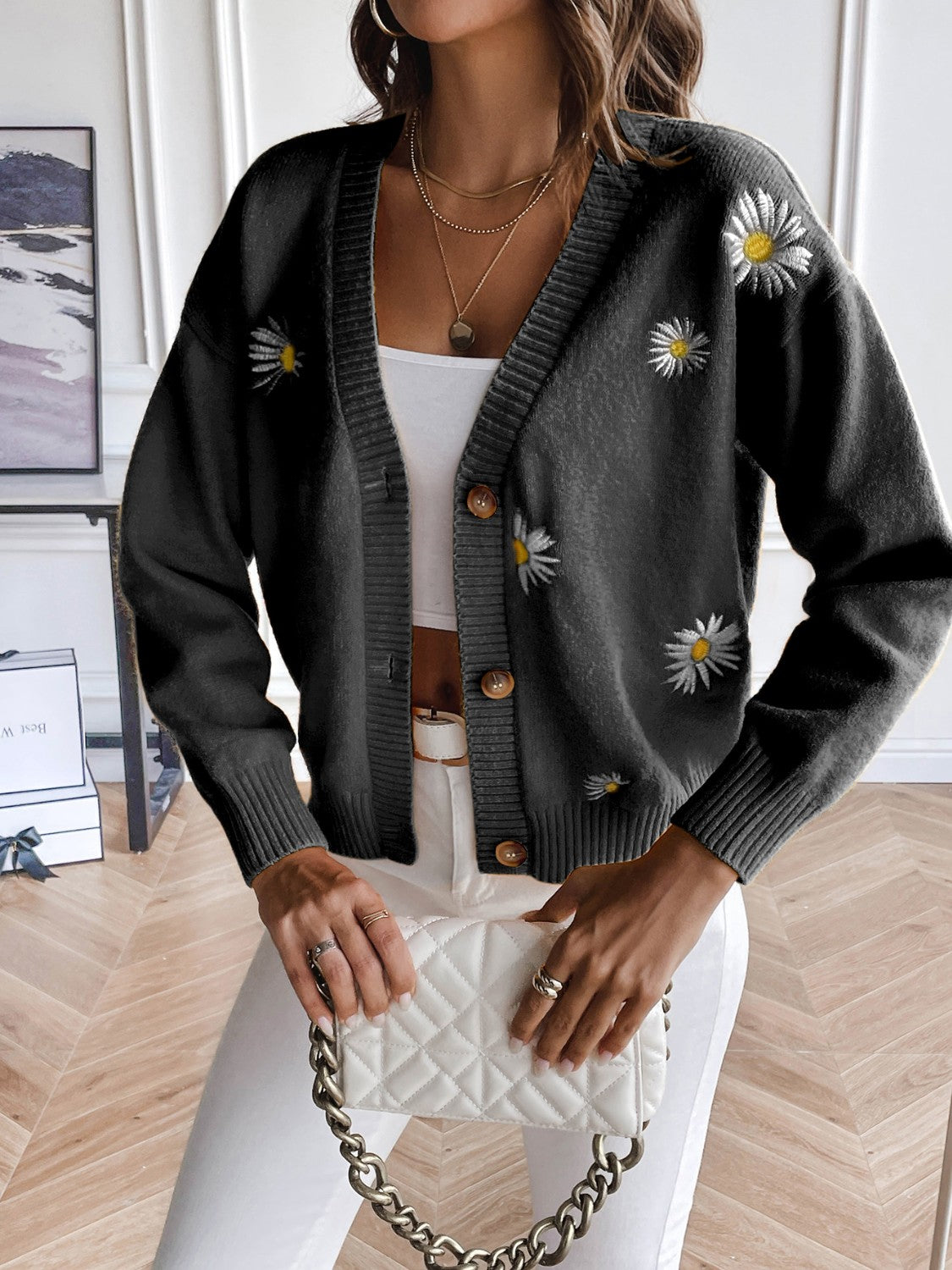Glownestbest® | Floral Button Up Cardigan Black 15e61243848a45caab257207134126a8-Max Glownestbest