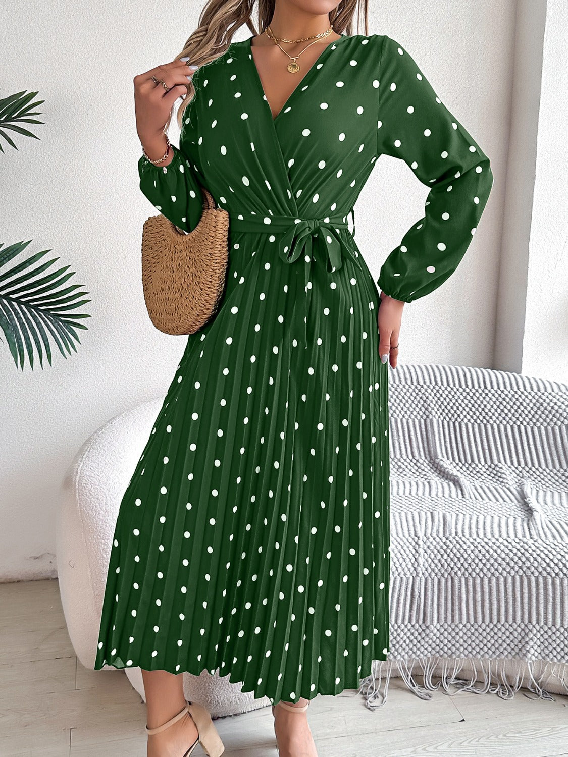 Tied Polka Dot Long Sleeve Midi Dress 165360ab-d12f-44b9-8231-cfa57ee4e288-Max Glownestbest