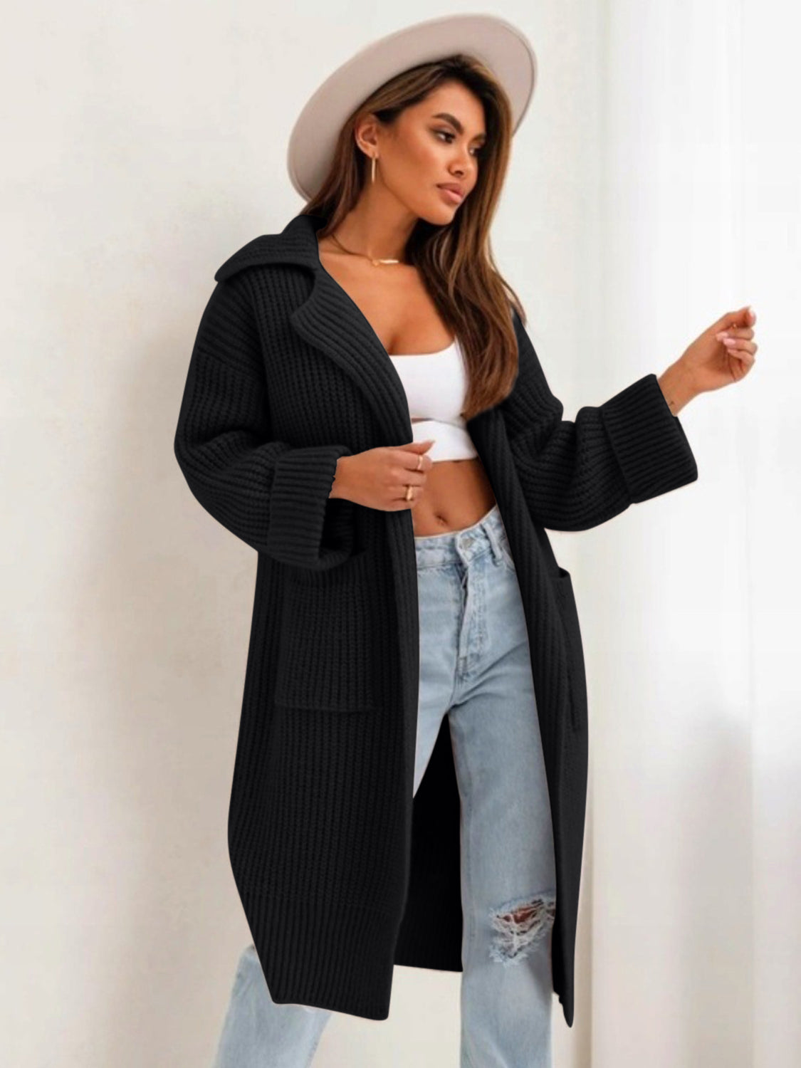 Pocketed Collared Neck Dropped Shoulder Cardigan 1696af59-e52d-48a2-9437-7ab3edbe267f-Max Glownestbest