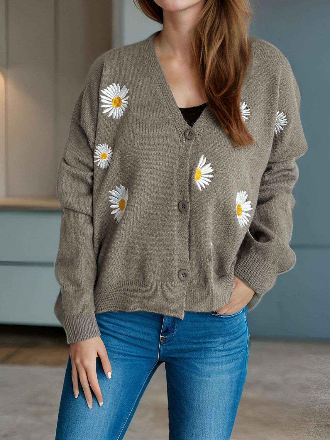 Daisy Button Up V-Neck Cardigan Gray One Size 16b5ba00-814d-49d8-ad06-bcee5de263cc-Max Glownestbest