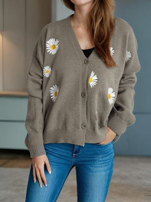 Daisy Button Up V-Neck Cardigan Gray One Size 16b5ba00-814d-49d8-ad06-bcee5de263cc-Max Glownestbest