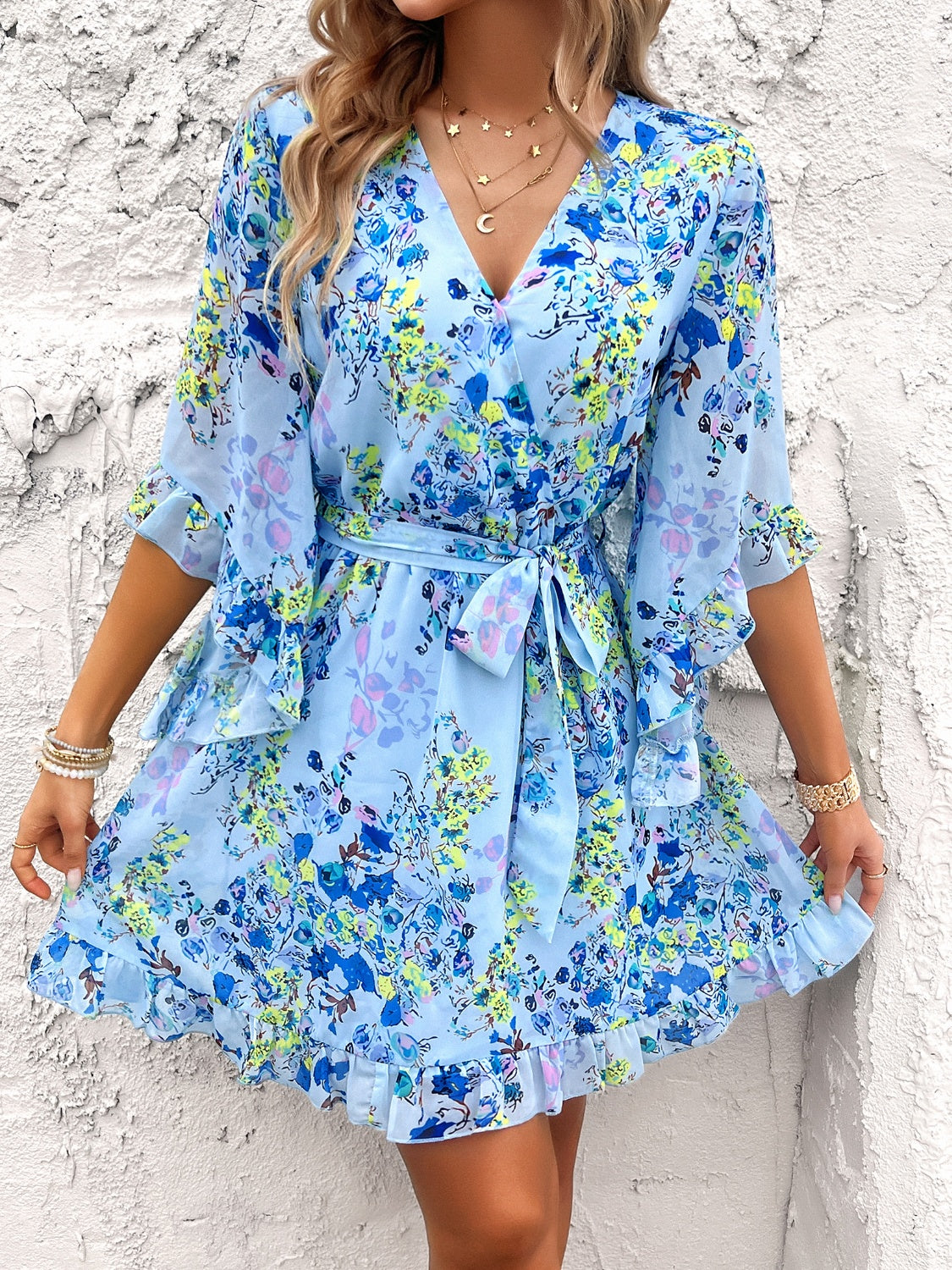 Devine Ruffled Printed Surplice Half Sleeve Mini Dress Light Blue 16fcac06-57ed-45f9-ba3c-5e44cdec941e-Max Glownestbest