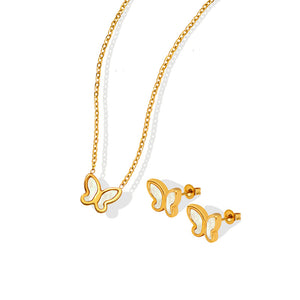 18k Gold Simple Butterfly White Seashell Design Necklace Earrings Set 170c83d4-d73d-4042-9b46-6aaf2da919d7 Artshiney