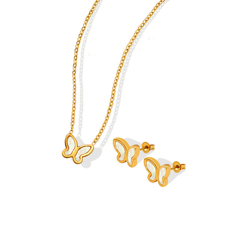 18k Gold Simple Butterfly White Seashell Design Necklace Earrings Set 170c83d4-d73d-4042-9b46-6aaf2da919d7 Artshiney