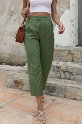 Shiny Straight Leg Cropped Pants with Pockets Green 176aebc3394243ad9ad7c76ce34b954d-Max Trendsi