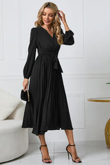 V-Neck Long Sleeve Tie Waist Midi Dress Black 178f75fb648f426b939613a5f67824eb-Max Glownestbest