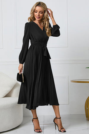 V-Neck Long Sleeve Tie Waist Midi Dress Black 178f75fb648f426b939613a5f67824eb-Max Glownestbest