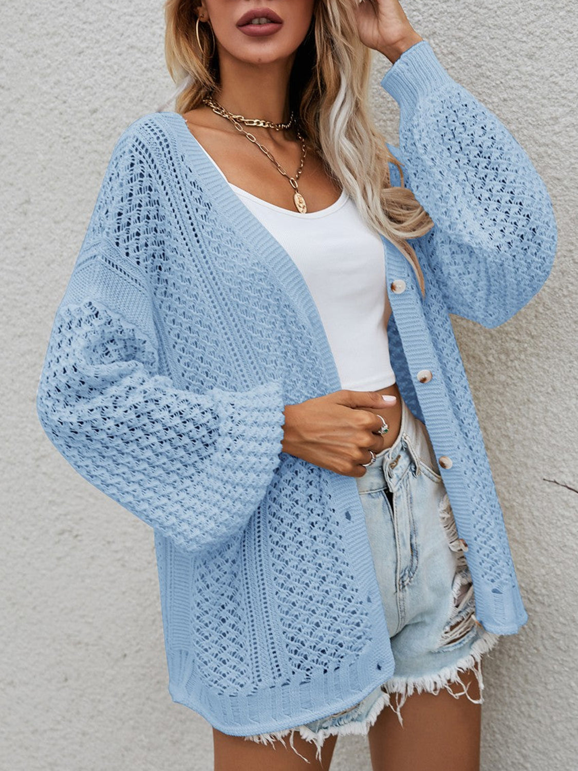 Glownestbest® | Openwork Button Front Cardigan 179296fb0ebd46bcb8fb423c1a957e4e-Max Glownestbest