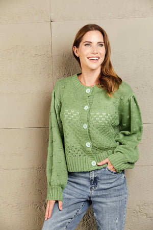 Woven Right Openwork Pompom Puff Sleeve Cardigan 17dd7850b85f4d2d99d5effc5a8edcb4-Max Glownestbest