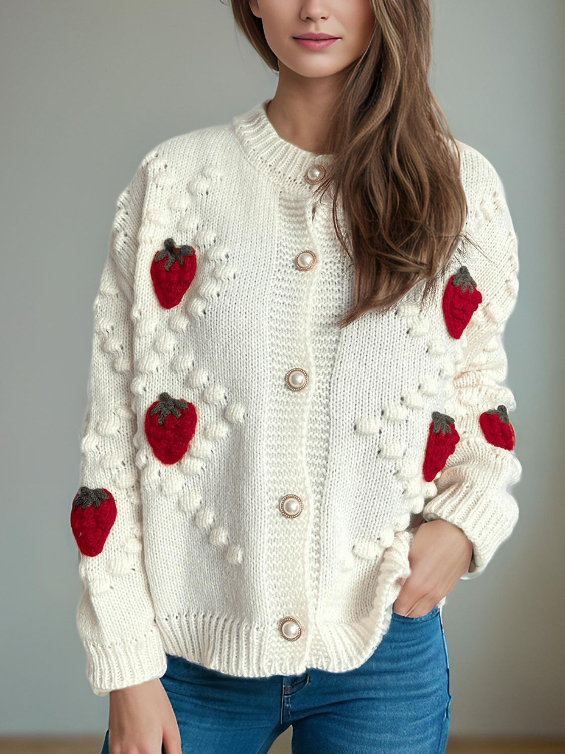 Strawberry Button Down Long Sleeve Cardigan 18001af9-e31b-47b3-8e05-1104ca8e99e8-Max Glownestbest