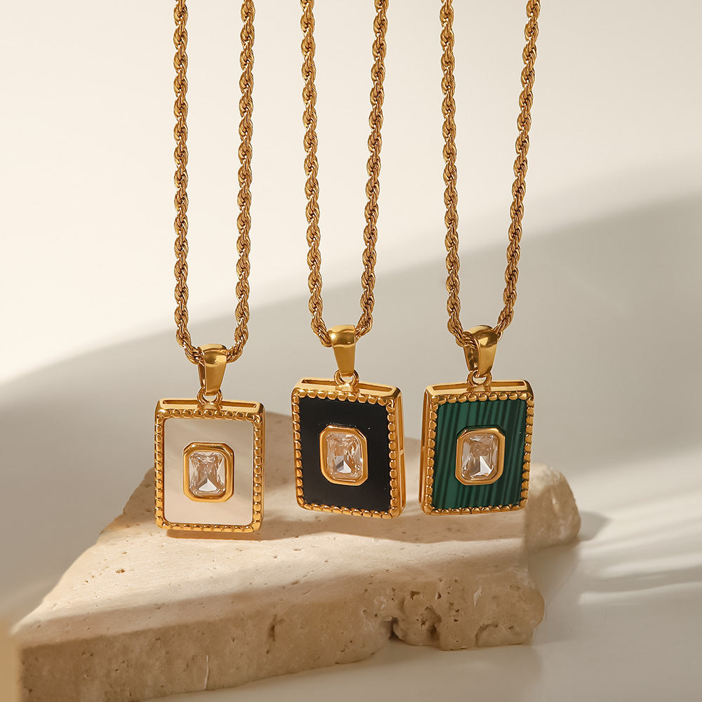 18K Gold Inlaid White Zircon Malachite Twist Chain Square Pendant Necklace 18d1a928-bdeb-4ca1-abb8-4015b90074ba Artshiney
