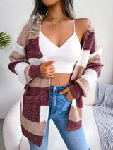 Glownestbest® | Striped Rib-Knit Open Front Longline Cardigan Wine 18ec63589b4e47eda974d65bfcf0b84e-Max Glownestbest