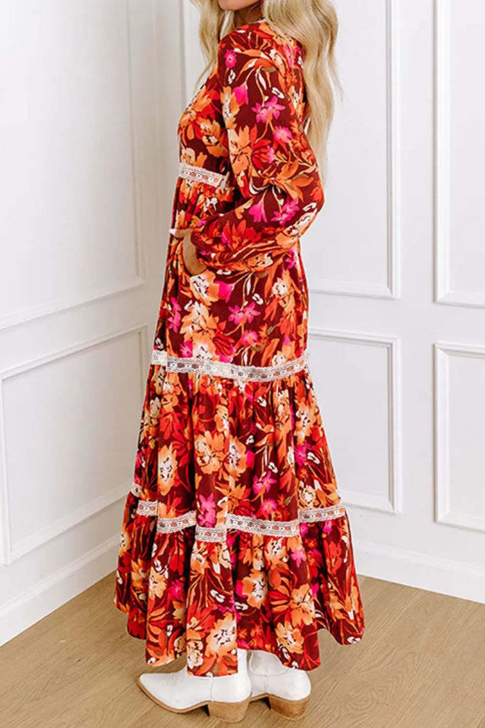 Printed V-Neck Long Sleeve Midi Dress 191cc803-6048-4a53-97cf-263b7448da01-Max Glownestbest