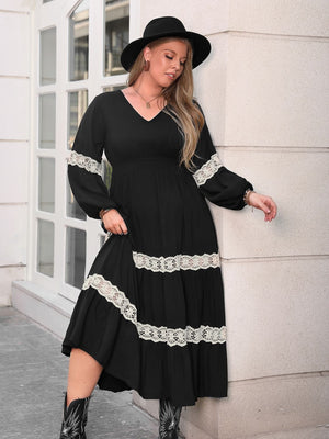 Plus Size Lace Detail V-Neck Long Sleeve Midi Dress 19336809-3d3e-4e1e-93e3-3957bd6c8b96-Max Glownestbest