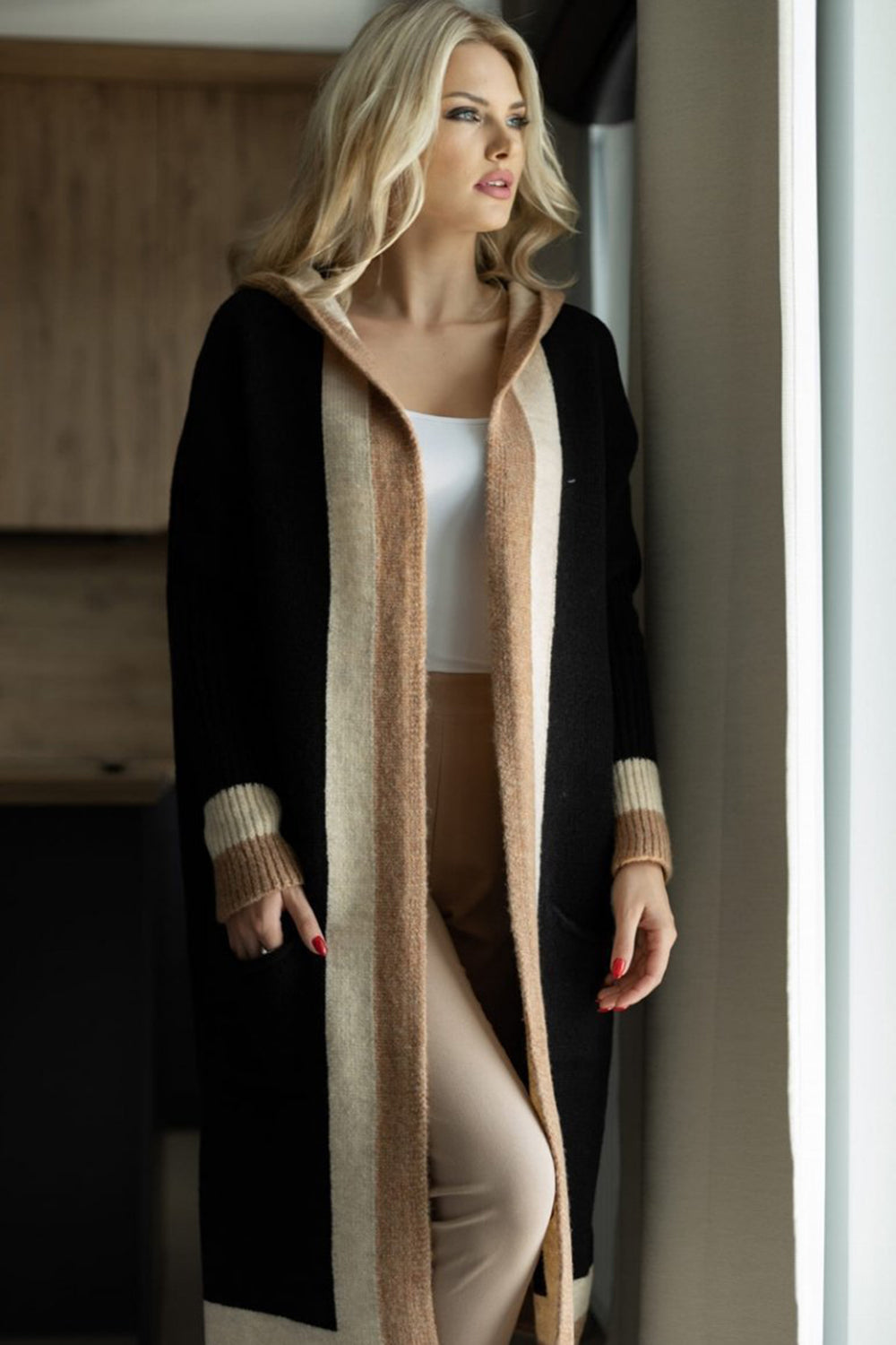 Pocketed Contrast Long Sleeve Hooded Cardigan 19a9839e-940d-48f7-999c-797b9e5c2401-Max Glownestbest