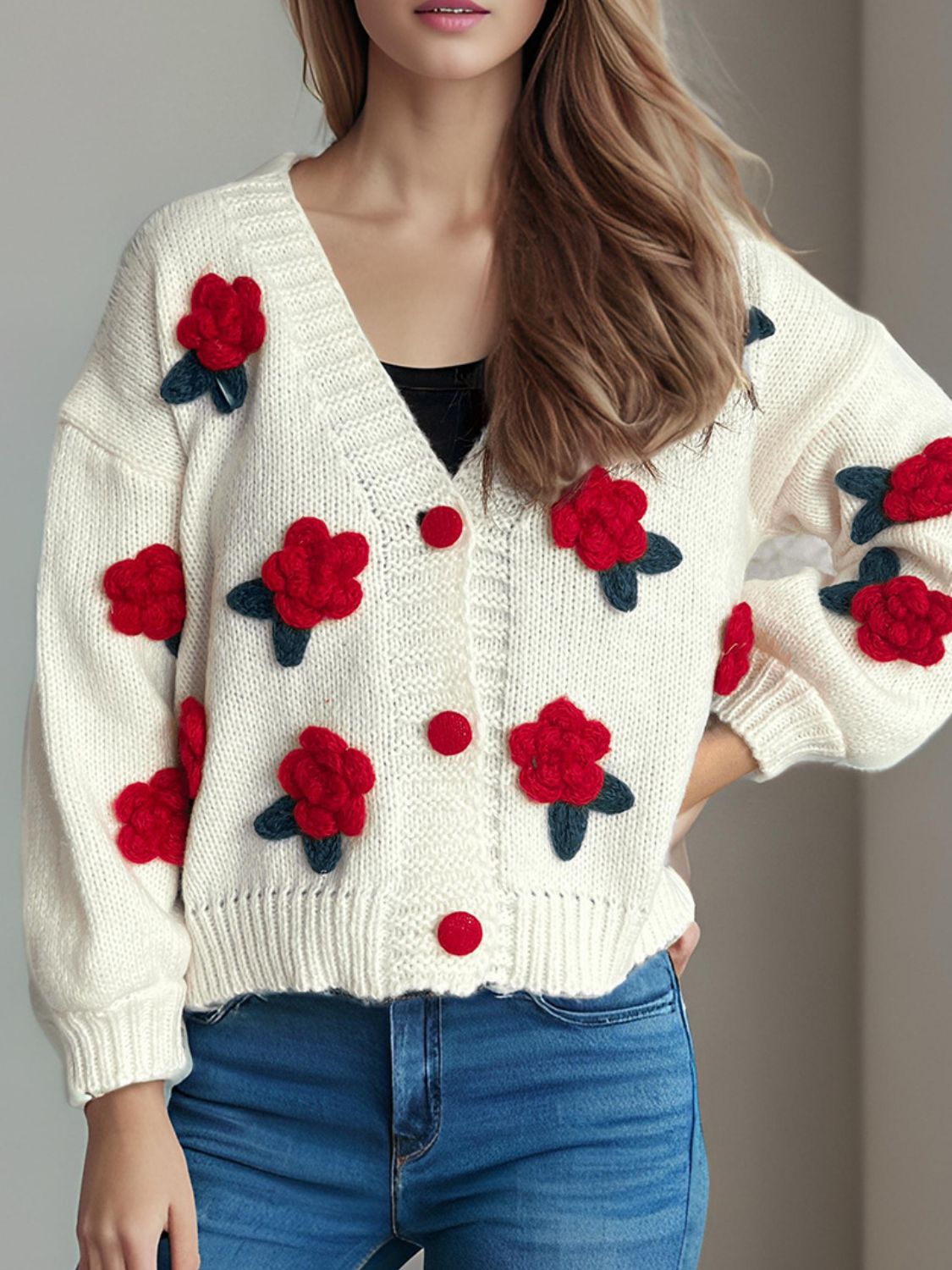 Flower Button Down V-Neck Long Sleeve Cardigan Scarlet One Size 19b81982-eee0-42b4-a09c-f26e39b34d69-Max Glownestbest