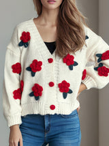 Flower Button Down V-Neck Long Sleeve Cardigan Scarlet One Size 19b81982-eee0-42b4-a09c-f26e39b34d69-Max Glownestbest