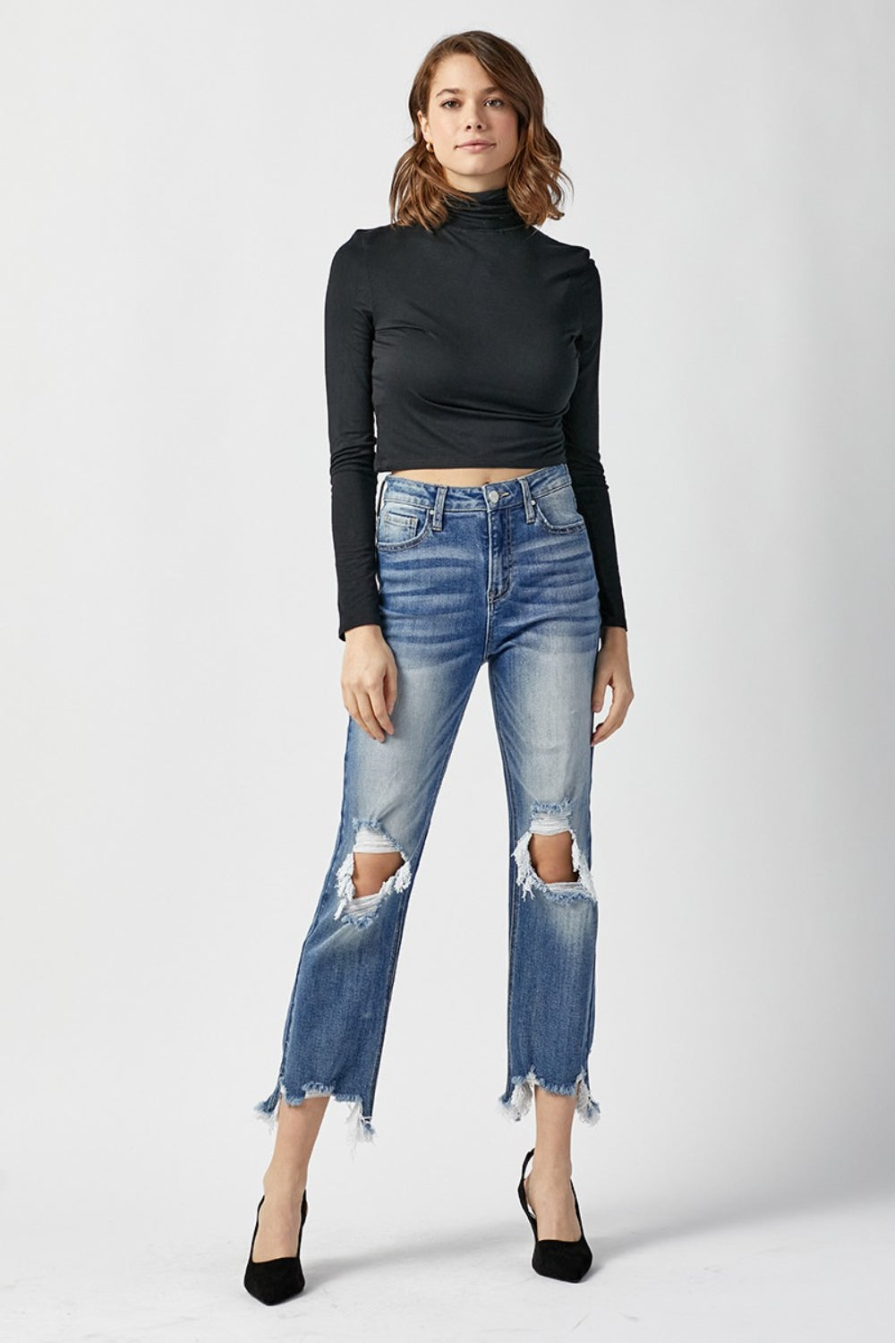 RISEN High Waist Distressed Frayed Hem Cropped Straight Jeans 1a75a375-2d1b-405c-9e01-73b482316905-Max Trendsi
