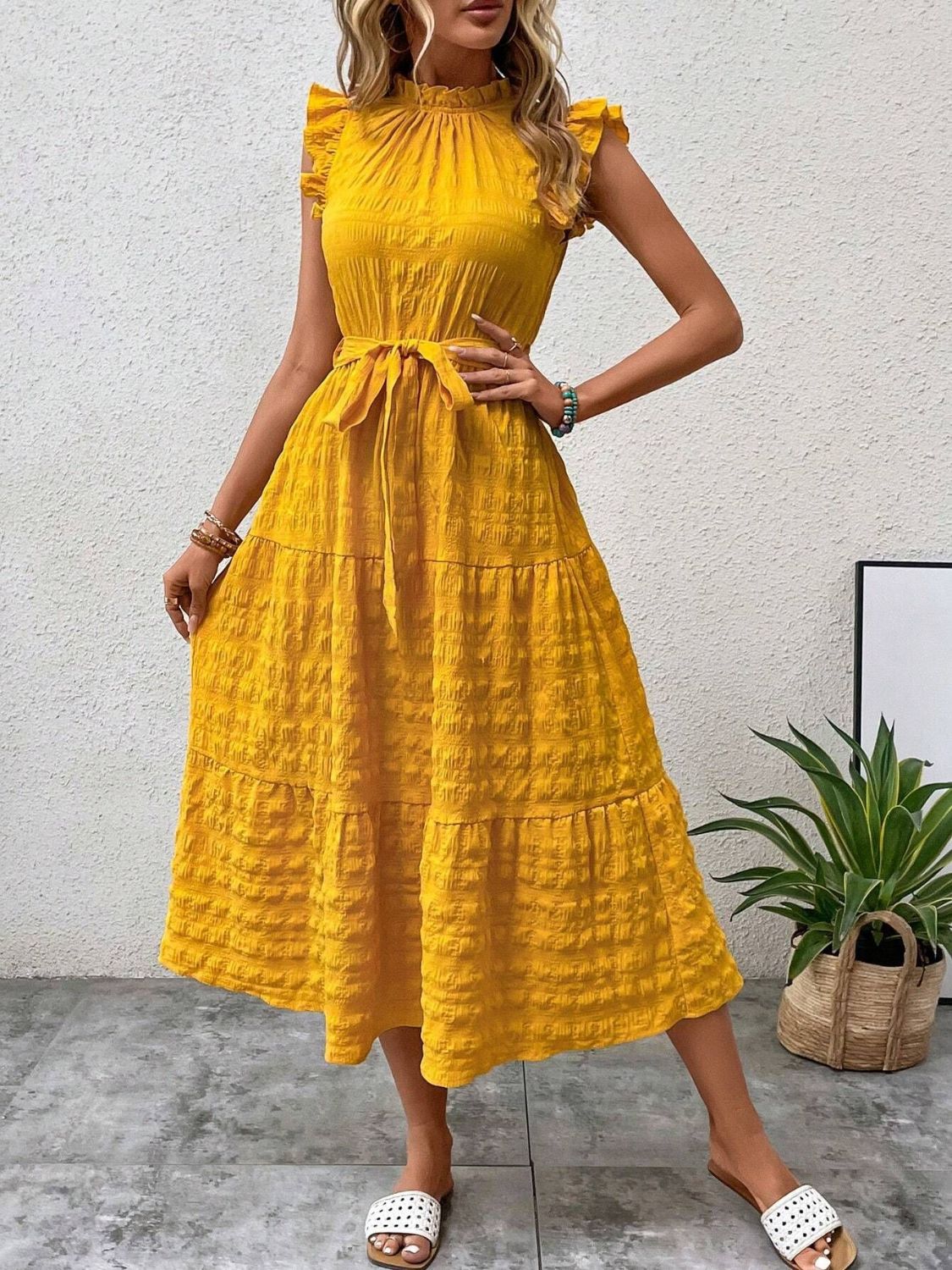 Tied Ruffled Cap Sleeve Midi Dress Gold 1b2884a9-a7b2-4d95-a261-3e75a74b4079-Max Trendsi