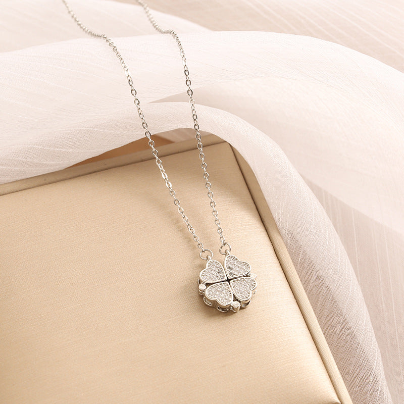 Noble and fashionable heart-to-heart four-leaf clover inlaid with zircon, a two-wear design simple style necklace Silver 1c0309e0-0e66-4e32-a6ff-4cdbd8635b4c Artshiney