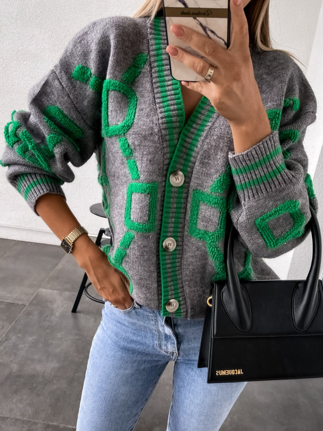 Geometric Dropped Shoulder Button Down Cardigan Charcoal 1c466aedf32e4bca9af441f59967e590-Max Glownestbest