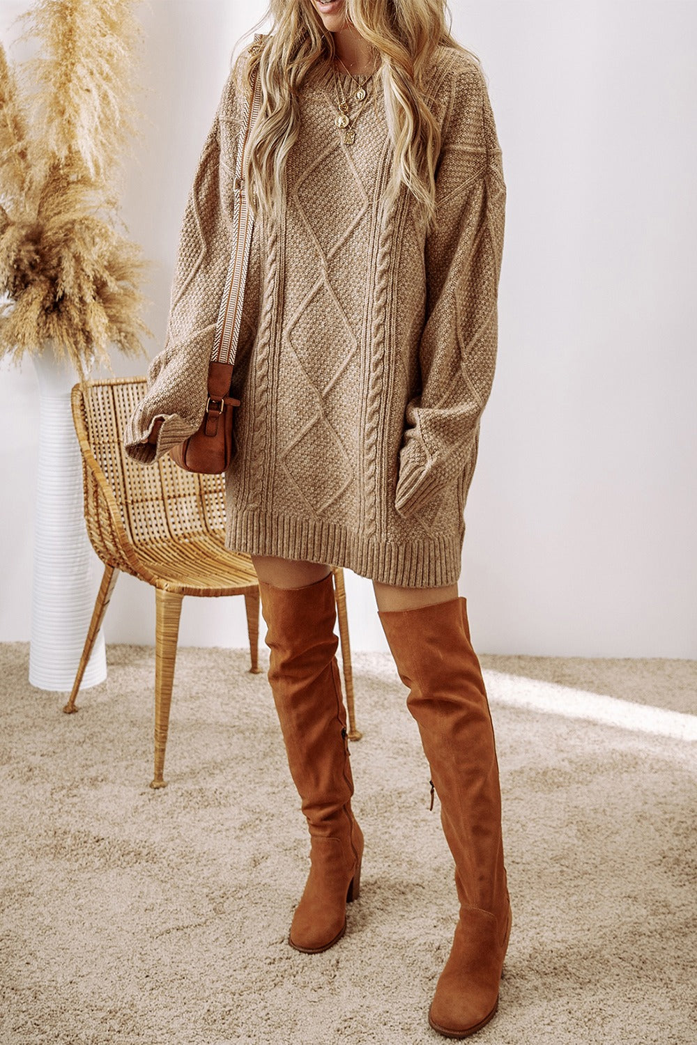 Cable-Knit Round Neck Sweater Dress 1c550162-9eaa-4424-9c20-5b8a08c5369c-Max Glownestbest