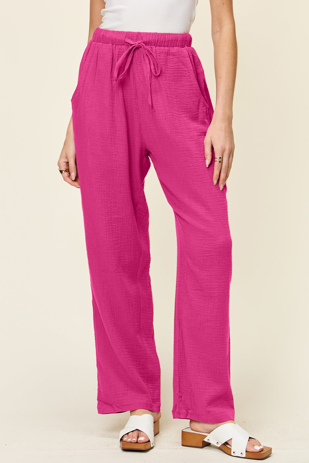 Double Take Full Size Texture Drawstring Straight Pants Hot Pink 1c765de1-1c6e-4639-ae88-0ec296894b2f-Max Trendsi