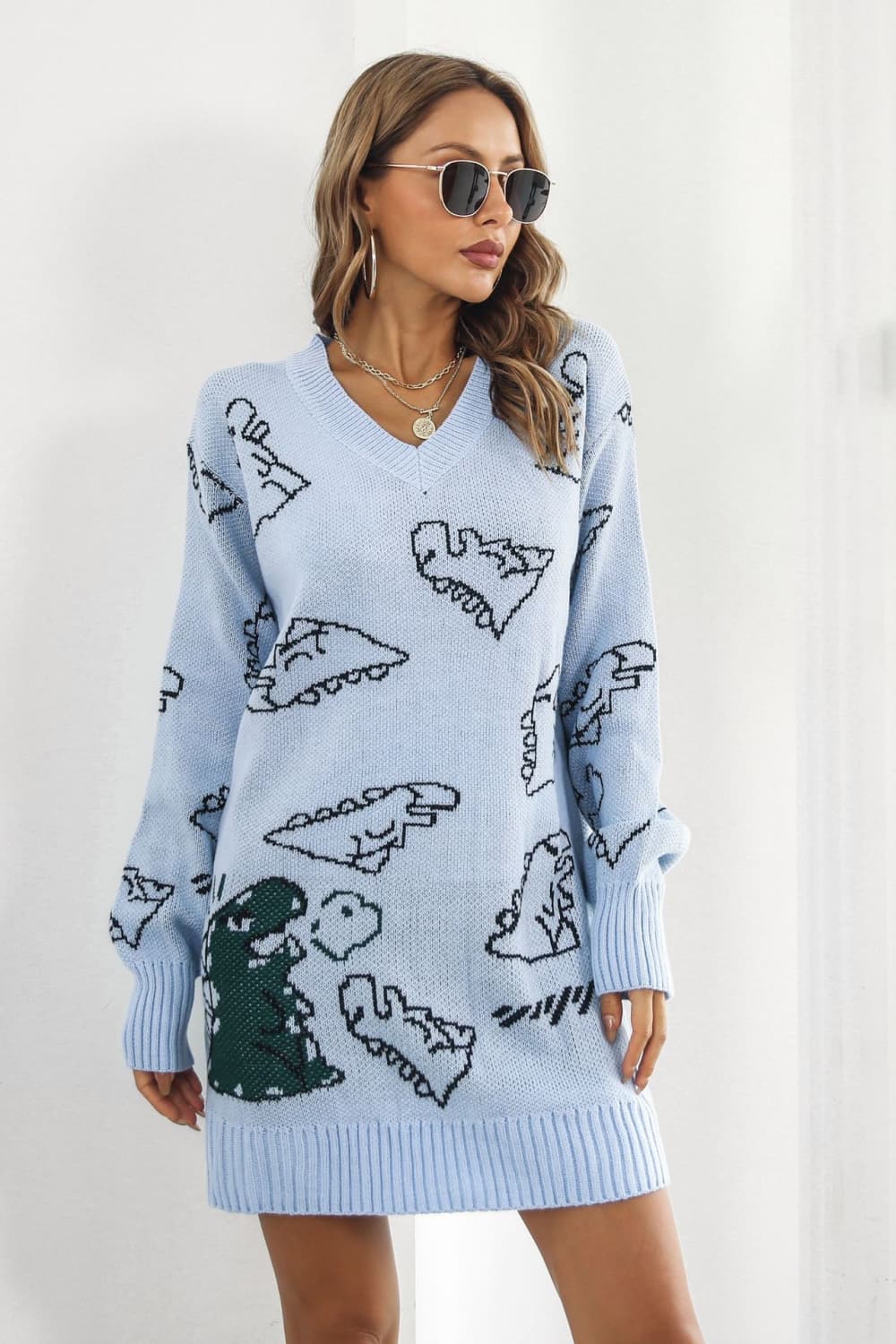 Dinosaur Pattern V-Neck Sweater Dress Light Blue 1dc3f5c2cf1a4c0bb6ab18c4b87c8da7-Max Glownestbest