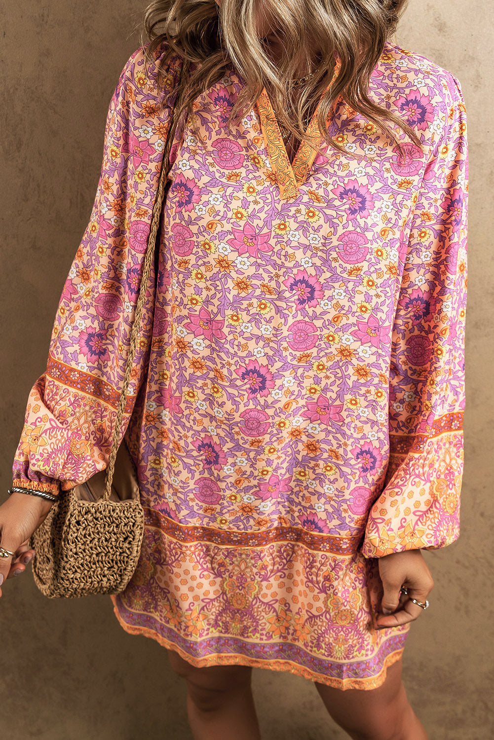 Floral V-Neck Long Sleeve Mini Dress Peach 1dfeea8e9ac9415e856d100a9b63c942-Max Glownestbest