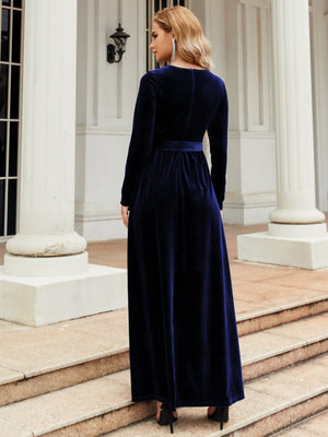 Tie Front Round Neck Long Sleeve Maxi Dress 1e61e889970d4de19f78528195058fd1-Max Glownestbest