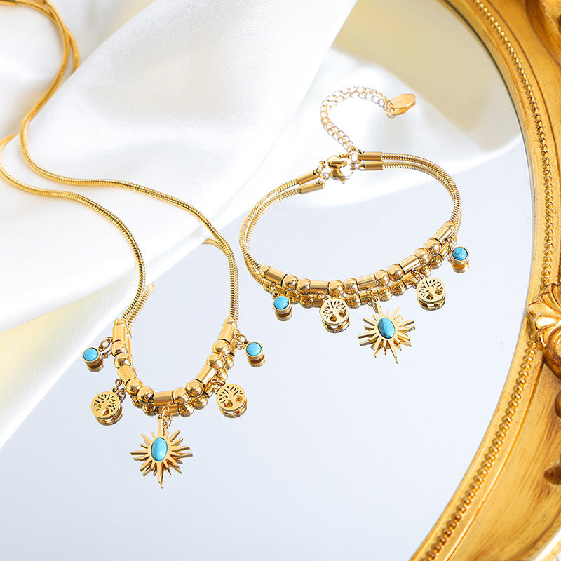 18K Gold Noble Atmosphere Tree of Life and Sun with Turquoise Design Bohemian Necklace Bracelet Set 1e7083da-5824-444e-a3c6-ad80322af6c6 Artshiney