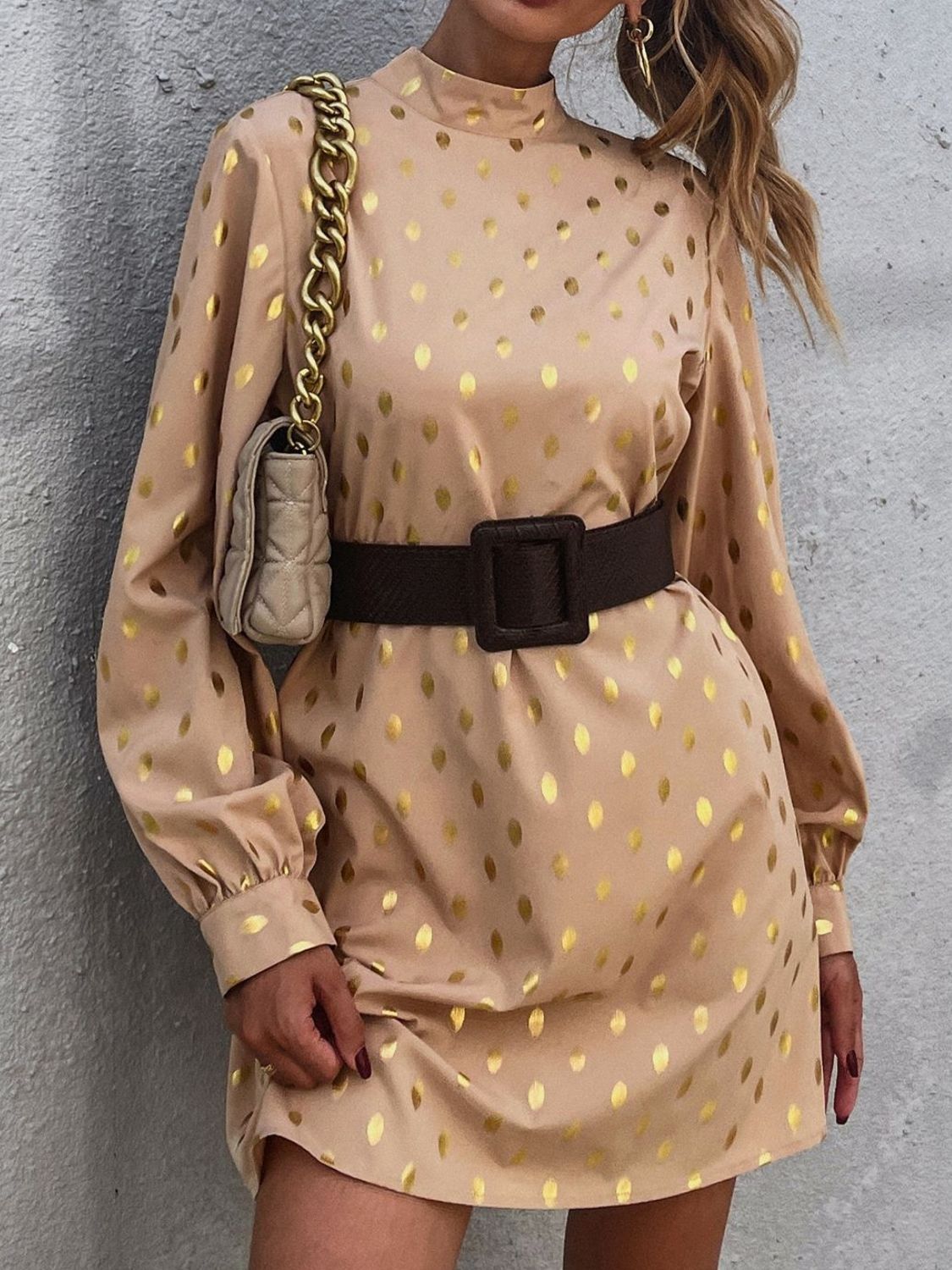 Printed Mock Neck Long Sleeve Mini Dress Tan 1e7a54b9-4081-43d6-84ad-d6fc94e3d5d9-Max Glownestbest