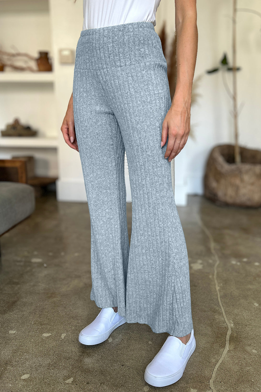 FAM-FAM Ribbed High Waist Flare Pants 1eb61069-7490-4cd2-bd07-6f5ee75a56e8-Max Trendsi