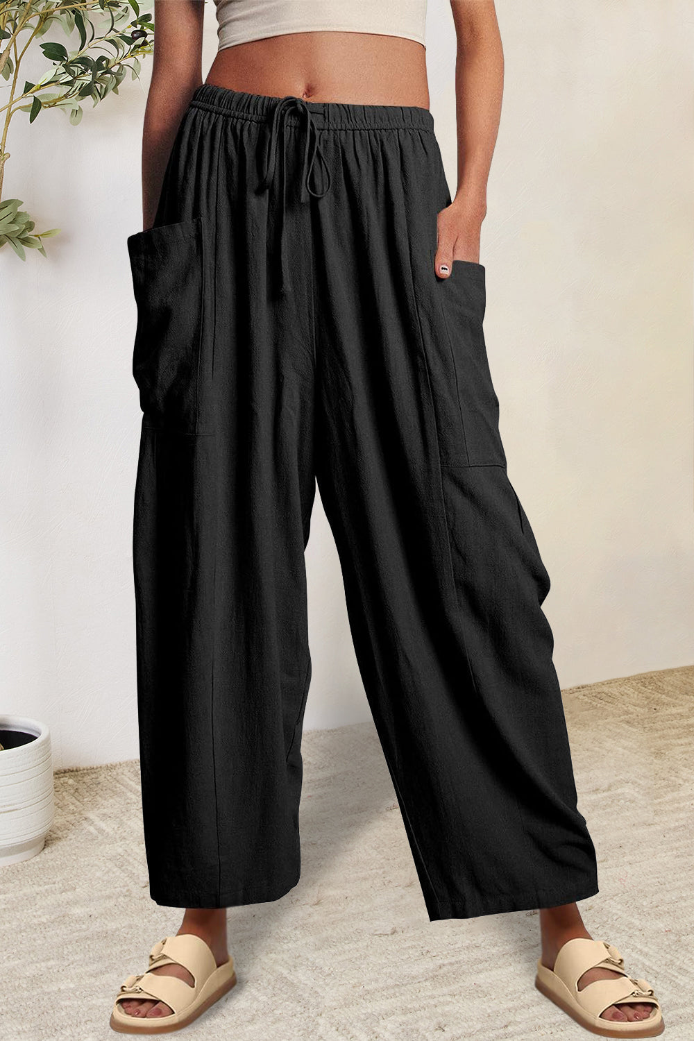 Full Size Pocketed Drawstring Wide Leg Pants Black 1ee8db5d-73fb-4825-9206-cc5c05567443-Max Trendsi