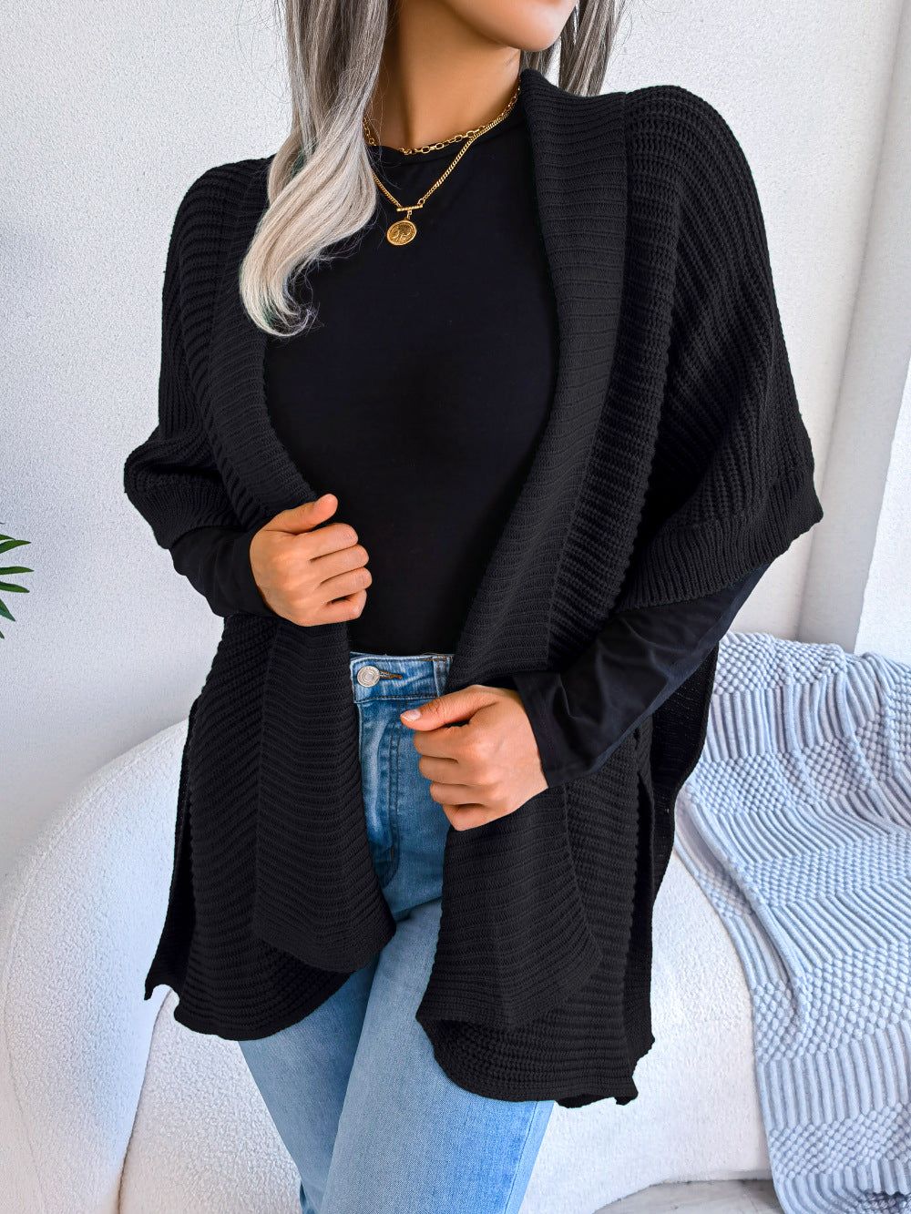 Glownestbest® | Horizontal Ribbing Open Front Slit Cardigan Black 1ef23ccb4e004dbba83616a2bd7bd4d1-Max Glownestbest