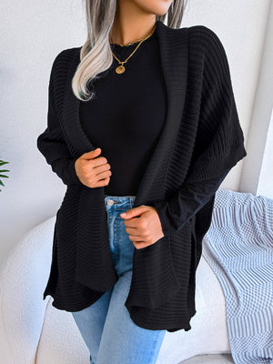 Glownestbest® | Horizontal Ribbing Open Front Slit Cardigan Black 1ef23ccb4e004dbba83616a2bd7bd4d1-Max Glownestbest